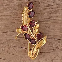 Gold plated garnet brooch pin, 'Gorgeous Scarlet' - Handcrafted Gold Plated Silver and Garnet Floral Brooch Pin