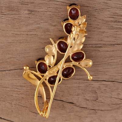 Gold plated garnet brooch pin, 'Gorgeous Scarlet' - Handcrafted Gold Plated Silver and Garnet Floral Brooch Pin