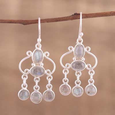 Labradorite chandelier earrings, 'Fanciful Swirls' - Handcrafted Labradorite Chandelier Earrings from India