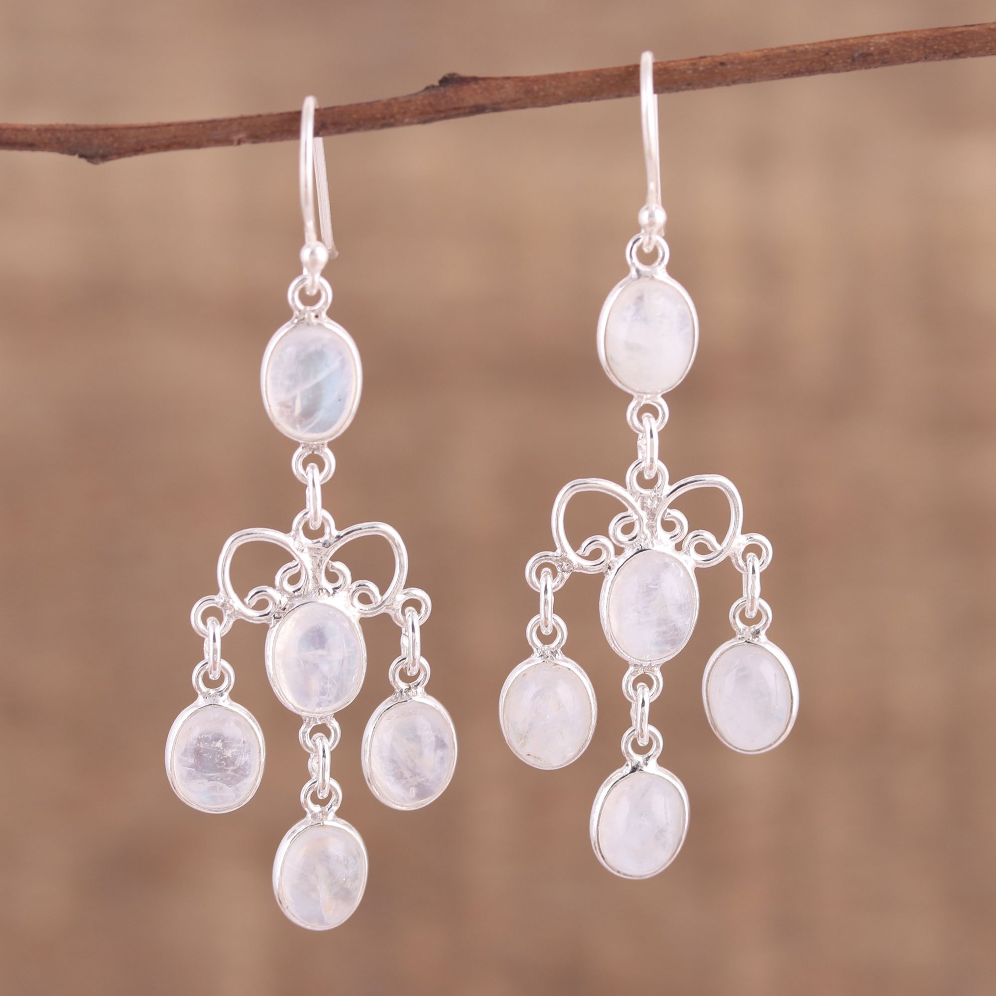 Rainbow Moonstone Chandelier Earrings from India Iridescent Cascade