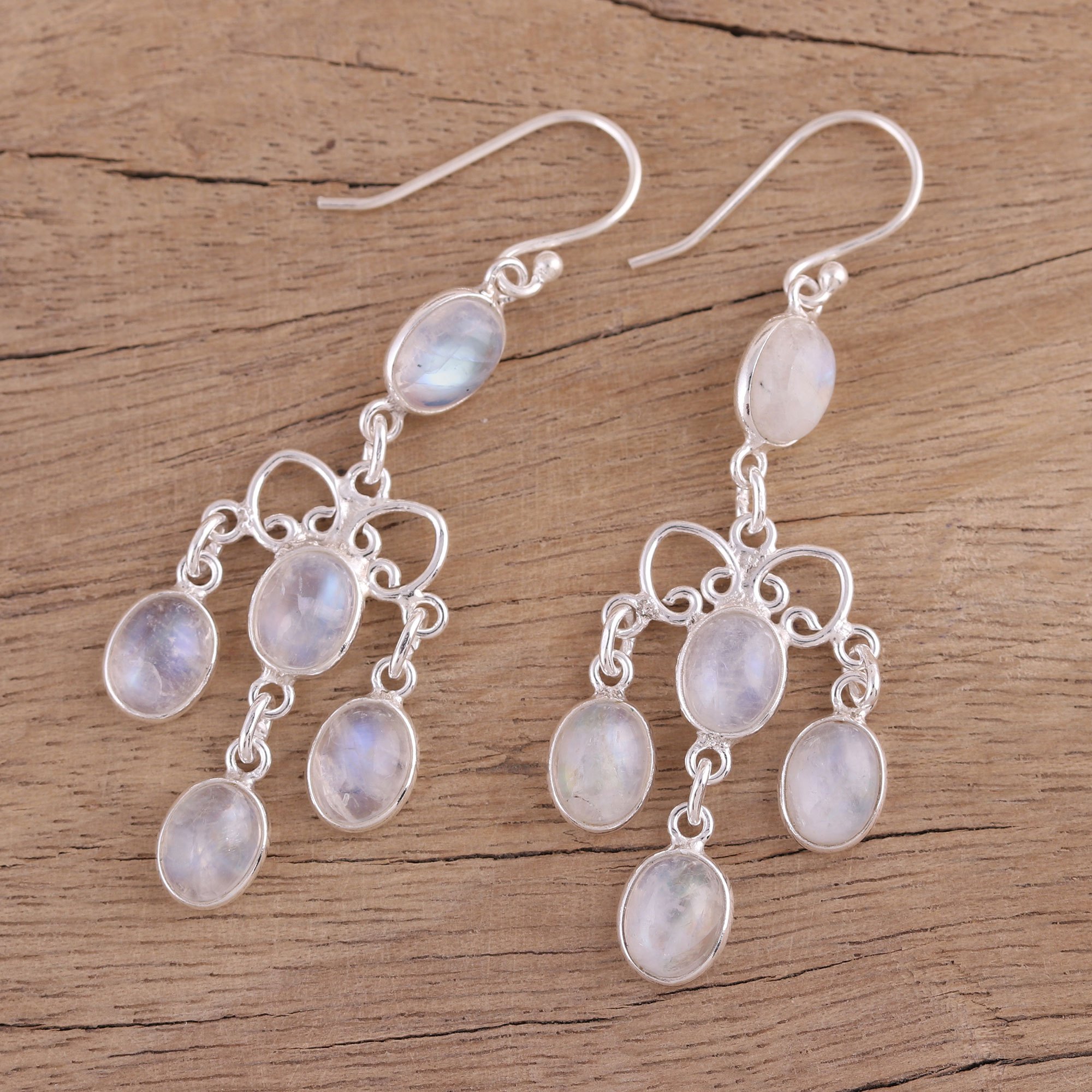 Rainbow Moonstone Chandelier Earrings from India Iridescent Cascade