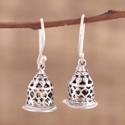 Sterling silver dangle earrings, 'Jali Bell' - Hand Crafted Sterling Silver Dangle Earrings with Jali Motif