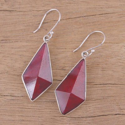 Ruby dangle earrings, 'Crimson Kite' - Handmade Ruby and Sterling Silver Dangle Earrings from India