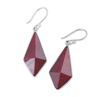 Ruby dangle earrings, 'Crimson Kite' - Handmade Ruby and Sterling Silver Dangle Earrings from India
