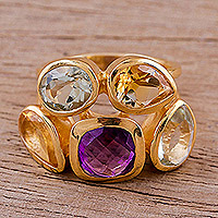 Amethyst Citrine and Blue Topaz Gold Vermeil Cocktail Ring,'The Five Allures'