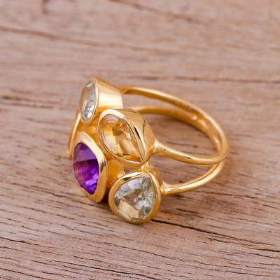 Vermeil multi-gemstone cocktail ring, 'The Five Allures' - Amethyst Citrine and Blue Topaz Gold Vermeil Cocktail Ring