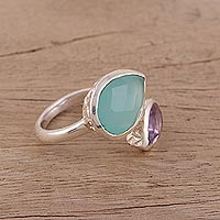 Blue Chalcedony and Amethyst Sterling Silver Wrap Ring,'Luminous Harmony'
