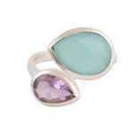 Chalcedony and amethyst wrap ring, 'Luminous Harmony' - Blue Chalcedony and Amethyst Sterling Silver Wrap Ring