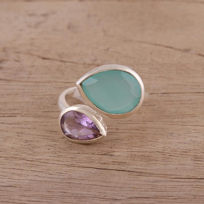 Chalcedony and amethyst wrap ring, 'Luminous Harmony' - Blue Chalcedony and Amethyst Sterling Silver Wrap Ring