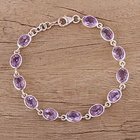Amethyst link bracelet, 'Lilac Luster' - Amethyst and Sterling Silver Link Bracelet from India