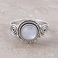 Rainbow moonstone cocktail ring, 'Misty Bloom' - Indian Rainbow Moonstone and Sterling Silver Cocktail Ring