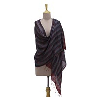 Silk shawl, 'Twilight Stripes' - Handwoven Grey and Red Striped 100% Silk Shawl from India