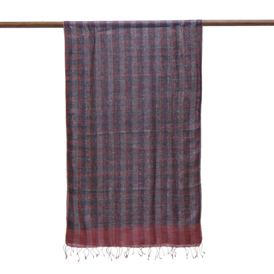 Seidenschal - Handgewebter grau-rot gestreifter Schal aus 100 % Seide aus Indien
