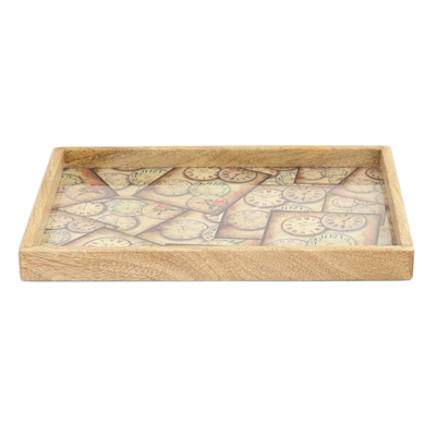 Wood tray, 'Time Aplenty' - Mango Wood Serving Tray with Clock Theme