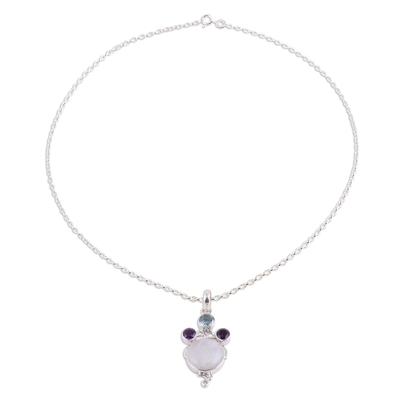 Multi-gemstone pendant necklace, 'Alluring Trinity' - Multi-Gemstone Sterling Silver Pendant Necklace from India