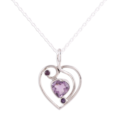 Amethyst pendant necklace, 'Precious Heart' - Hand Crafted Amethyst and Sterling Silver Pendant Necklace