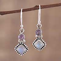 Featured review for Rainbow moonstone and amethyst dangle earrings, Enchanting Duo