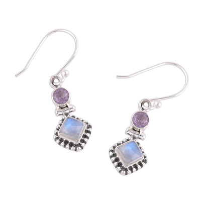 Rainbow moonstone and amethyst dangle earrings, 'Enchanting Duo' - Handmade Multi-Gemstone Sterling Silver Dangle Earrings