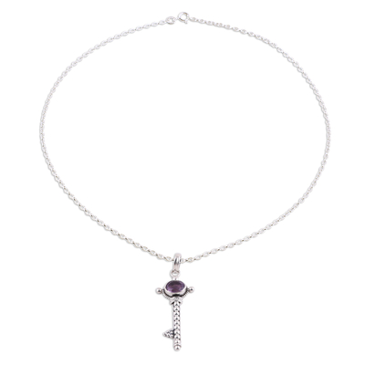 Amethyst pendant necklace, 'Key to Paradise' - Handmade Key Pendant Necklace with Amethyst from India