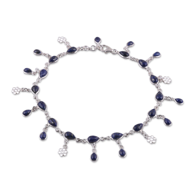 Lapis lazuli anklet, 'Tidal Luster' - Handmade Lapis Lazuli and Sterling Silver Anklet from India