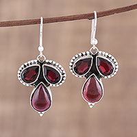 Garnet dangle earrings, 'Droplet Trios'