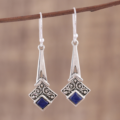 Lapis lazuli dangle earrings, 'Timekeeper' - Lapis Lazuli and Sterling Silver Dangle Earrings from India