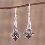 Garnet dangle earrings, 'Timekeeper' - Garnet and Sterling Silver Dangle Earrings from India