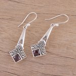 Garnet dangle earrings, 'Timekeeper' - Garnet and Sterling Silver Dangle Earrings from India
