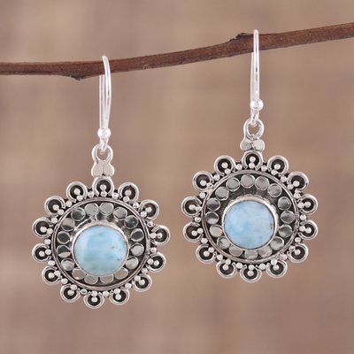 Larimar dangle earrings, 'Floral Lake' - Larimar and Sterling Silver Dangle Earrings from India