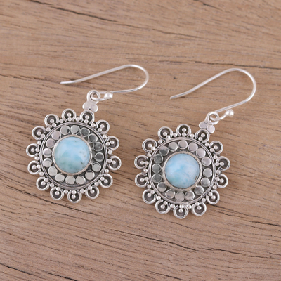 Larimar dangle earrings, 'Floral Lake' - Larimar and Sterling Silver Dangle Earrings from India