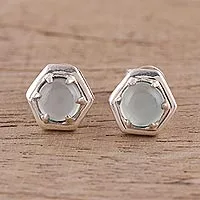 Pendientes de botón de calcedonia - Pendientes hexagonales de calcedonia aguamarina de plata de ley 925