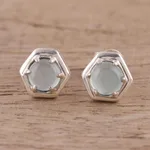 Chalcedony stud earrings, 'Aqua Grace' - 925 Sterling Silver Aqua Chalcedony Hexagon Stud Earrings