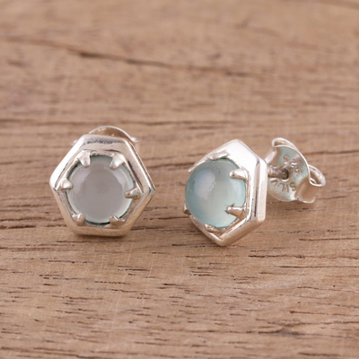 Chalcedony stud earrings, 'Aqua Grace' - 925 Sterling Silver Aqua Chalcedony Hexagon Stud Earrings