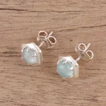 Chalcedony stud earrings, 'Aqua Grace' - 925 Sterling Silver Aqua Chalcedony Hexagon Stud Earrings