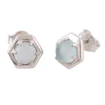 Chalcedony stud earrings, 'Aqua Grace' - 925 Sterling Silver Aqua Chalcedony Hexagon Stud Earrings