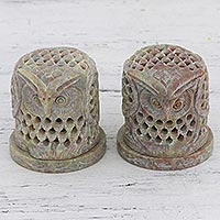 Soapstone tealight candle holders, 'Up Owl Night' (pair) - Hand Carved Soapstone Owl Tealight Candle Holders (Pair)