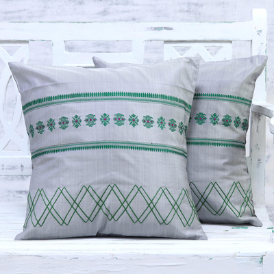 Silk cushion covers, 'Lush Beauty' (pair) - Artisan Crafted 100% Silk Handmade Cushion Covers Pair