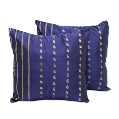 Silk cushion covers, 'Royal Recollections in Blue' (pair) - Artisan Crafted 100% Silk Cushion Covers (Pair)