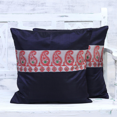 Silk cushion covers, 'Royal Magnificence in Red' (pair) - Handmade in India 100% Silk and Cotton Cushion Covers Pair