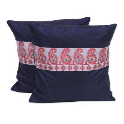 Silk cushion covers, 'Royal Magnificence in Red' (pair) - Handmade in India 100% Silk and Cotton Cushion Covers Pair