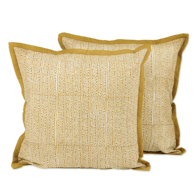 Cotton cushion covers, 'Honey Amber Panels' (pair) - Handmade 100% Cotton Block Printed Cushion Covers (Pair)