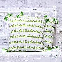 Cotton cushion covers, 'Green Hills' (pair) - Cotton Green Triangles on White Cushion Covers (Pair)