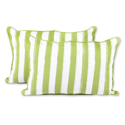 Cotton cushion covers, 'Green Fence' (pair) - 100% Cotton Screen Printed Striped Pair of Cushion Covers