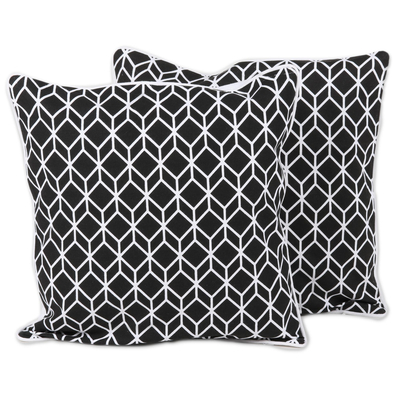 Cotton cushion covers, 'Magic Cubes' (pair) - Handmade 100% Screen Printed Cotton Cushion Covers Pair