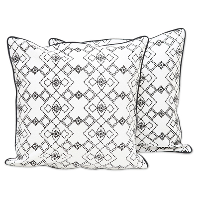 Cotton cushion covers, 'Fascinating Geometry' (pair) - Pair of Handmade 100% Cotton Geometric Cushion Covers