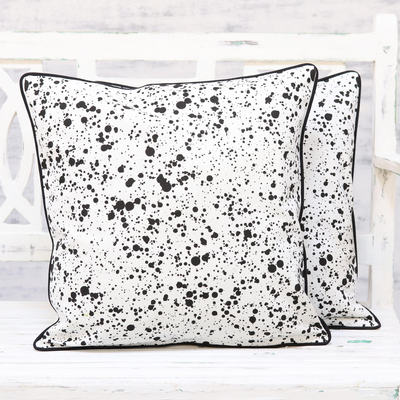 Cotton cushion covers, 'Spotted White' (pair) - Splash Motif Black and White Cotton Cushion Covers (Pair)