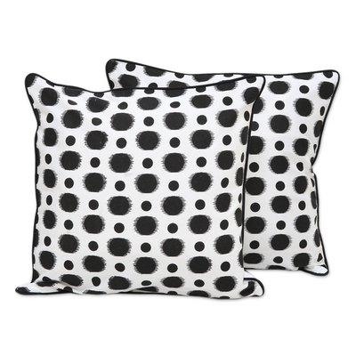 Cotton cushion covers, 'Spherical Delight' (pair) - 2 Handmade Black and White Dotted Cotton Cushion Covers