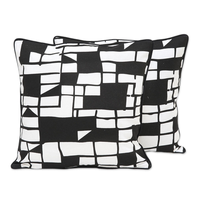 Cotton cushion covers, 'Geometric Windows' (pair) - Pair of 100% Cotton Abstract Black and White Cushion Covers