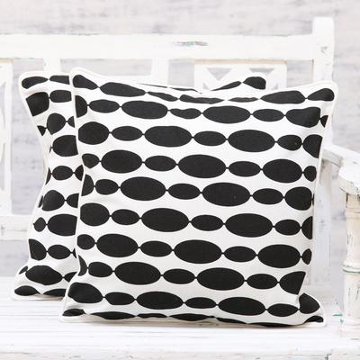 Cotton cushion covers, 'Elliptical Beauty' (pair) - Set of 2 Modern Black and White Print Cotton Cushion Covers