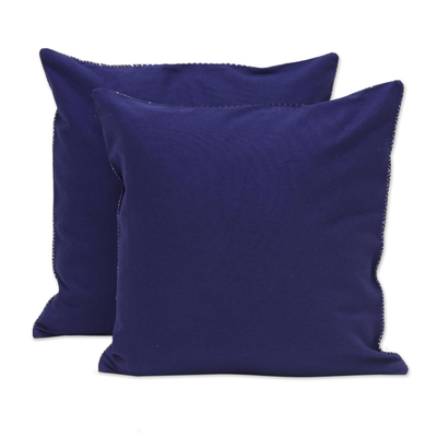 Embroidered denim cushion covers, 'Navy Waves' (pair) - Two Wave Motif Embroidered Denim Cushion Covers from India